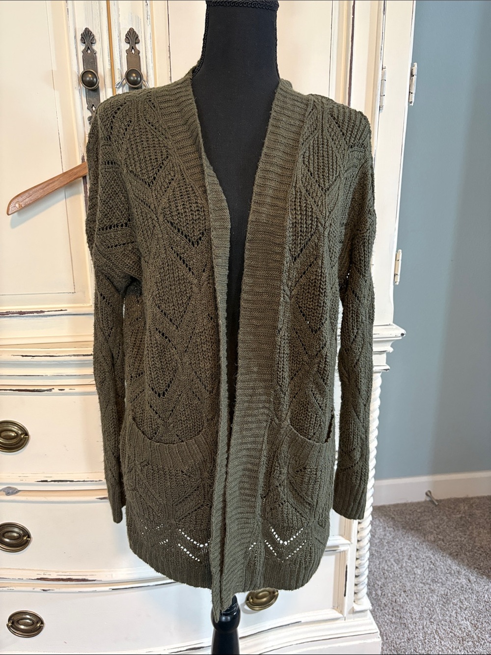 Pink Rose Olive Green Open-Front Knit Cardigan